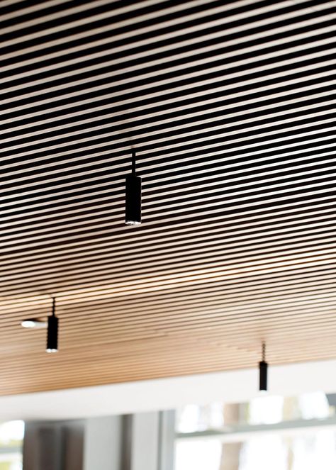 Slat Ceiling, Wood Slat Ceiling, Office Ceiling, Timber Slats, Timber Ceiling, Painting Ceiling Fans, Ceiling Treatments, Wood Cladding, Timber Cladding