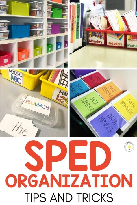 Need cheap storage ideas for organizing all the things in your special education classroom? Learn how to be a more organized teacher with these tips and tricks! These classroom organization ideas will help you keep your workboxes, data, file folders, centers, and supplies organized! Teacher File Organization Ideas, Sped Prek Classroom, Slc Classroom Ideas, Resource Classroom Ideas, Special Ed Teacher Organization, Special Education Supplies, Learning Support Teacher, Elementary Resource Classroom Setup, Classroom Partition Ideas