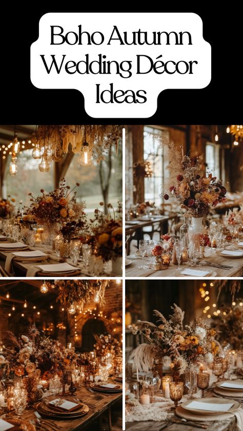 Boho autumn wedding decor with earthy tones, dried flowers, vintage accents, and warm lighting creating a cozy, rustic vibe for a fall celebration. Fall Wedding In Woods, Fall Boho Table Decor, November Wedding Ideas Decoration, Wedding Dried Flowers Decor, Boho Wedding Diy Decor, Autumn Wedding Reception Decorations, Fall Night Wedding, October Wedding Palette, Autumnal Wedding Decor