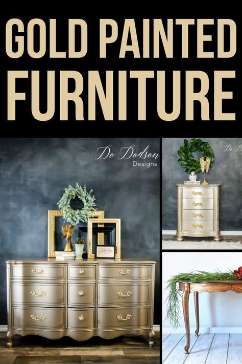 Gold Painted Furniture Sleigh Bed Painted, Gold Dining Room Table, Gold Painted Furniture, Gold Bed Frame, Painted Table Tops, Gilded Furniture, Metallic Painted Furniture, Spray Paint Furniture, Painting Old Furniture