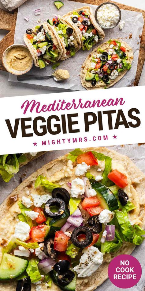 This no-cook, vegetarian recipe is inspired by the Greek Veggie Pita Wrap served at one of my favorite local lunch spots. These falvorful sandwiches are so good and are actually full of healthy veggies and protein too. Easy to make at home with hummus, pitas, cucumberm lettuce, tomato, feta cheese, red onion, olives and Greek dressing. No cooking required. Ready in just 10 minutes! A tasty little lunch or dinner. Must try! Vegetarian Pita Recipes, No Meat Wraps, Greek Wrap Vegetarian, Vegetarian Pita Pockets, Veggie Pita Sandwich Recipes, Pitta Bread Fillings Vegetarian, Lunches With Hummus, Veggie Pita Pocket, Vegetarian Pita Sandwich