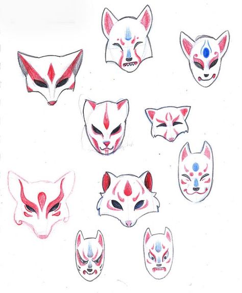 Kitsune mask ideas.                                                                                                                                                      More Fox Masks, Kitsune Mask, Mask Drawing, Fox Mask, Mask Ideas, Mask Tattoo, Masks Art, Fox Art, Color Pencil Drawing