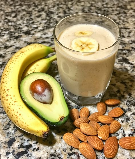 Almond Banana Avocado Smoothie with Honey. This healthy smoothie is packed with healthy fats, fiber, and natural sweetness. Smoothie With Honey, Banana Avocado Smoothie, Healthy Avocado Smoothie, Avocado Banana Smoothie, Smoothie Benefits, Almond Smoothie, Avocado Banana, Post Workout Snacks, Avocado Smoothie