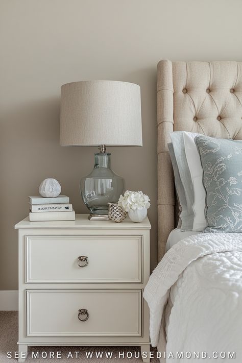 21 How To Decorate Nightstands Styling White Nightstand, Decorating Bedside Tables, Alternative Nightstand Ideas, Nightstand Styling Ideas, Trendy Lamps, How To Decorate Nightstand, Condo Styling, White And Turquoise Bedroom, Minimalist Serene