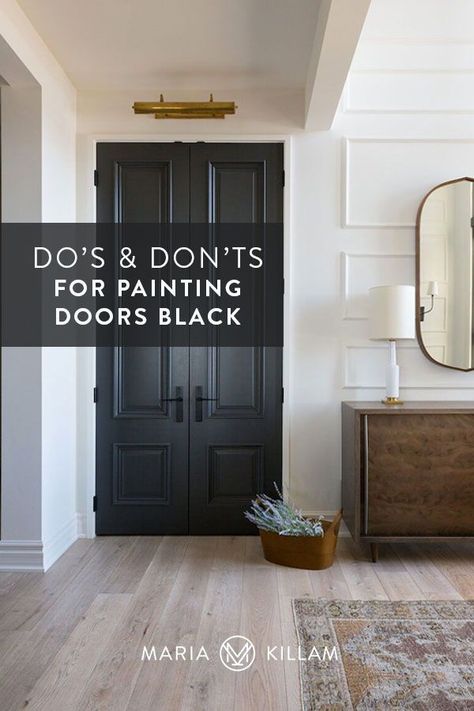 I get asked a lot about my opinion on painting doors black so I decided to share my thoughts on when it’s a good idea (or a bad idea) to introduce a black door in your house. Because, once again, the right contrast is important to getting the look right Painting Doors Black, Paint Doors Black, Painting Interior Doors Black, Decorating With Black, Painting Doors, Interior Door Colors, Interior Front Door, Dark Doors, Painted Interior Doors