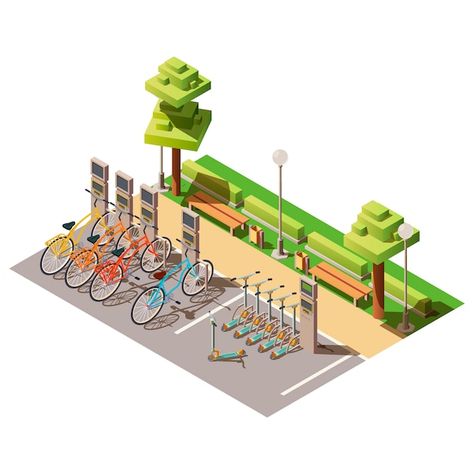 Strategy Map, Scooter Rental, Conservation Of Natural Resources, Isometric Art, Bicycle Parking, Isometric Design, Outdoor Gym, Parking Design, Architecture Sketch