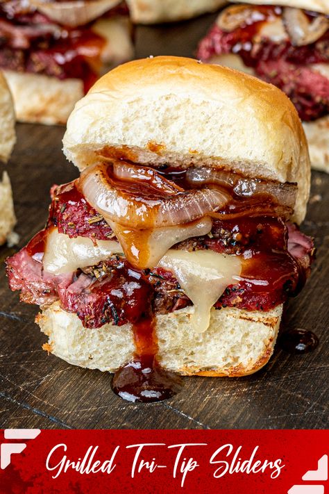 Tritip Sandwich Sides, Tri Tip Sliders Mini Sandwiches, Game Day Grilling, Tri Tip Sliders, Leftover Tri Tip Ideas, Sliders On The Grill, Leftover Tri Tip Recipes, Tri Tip Sandwich Recipe, Tri Tip Recipes Crockpot