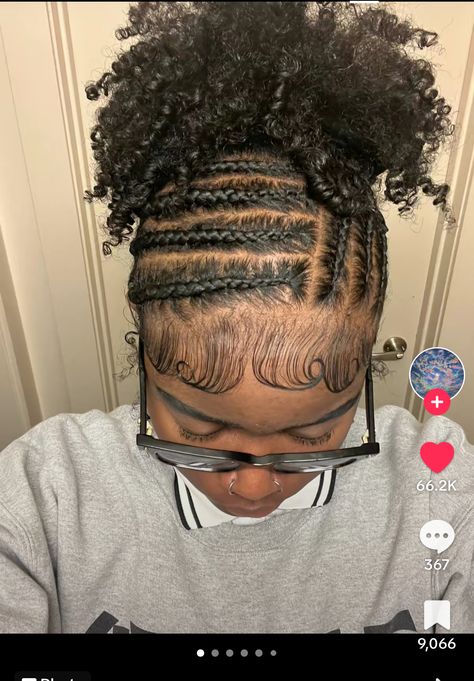 Cornrow Into Ponytail Natural Hair, Braided To The Scalp Hairstyles Natural Hair, Natrual Black Girls Hairstyles Braid, Cornrow With Afro Puff Styles, Cornrows With Puff Natural Hair, Cornrow Into Puff, Quick Natural Hairstyles For Short Hair, Long Lasting Natural Hairstyles, Braid Styles On Natural Hair