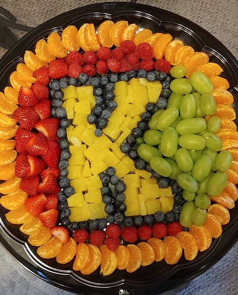 Letter K fruit tray Super Bowl Party Fruit Tray, Fruit Tray Designs Parties, Number 2 Fruit Tray, Fruit Platter Football, Construction Party Fruit Tray, Fruit Tray For Football Party, Fruit Trays For Party Cute Ideas, Sports Fruit Tray, 1st Birthday Fruit Platter