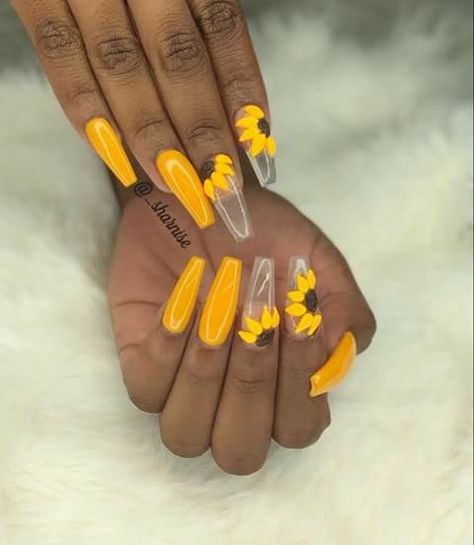 Sunflowers Yellow Nails Design, Sunflower Nails, Her Nails, Summer Acrylic Nails, Yellow Nails, Coffin Nails Designs, Best Acrylic Nails, Gorgeous Nails, Cute Acrylic Nails