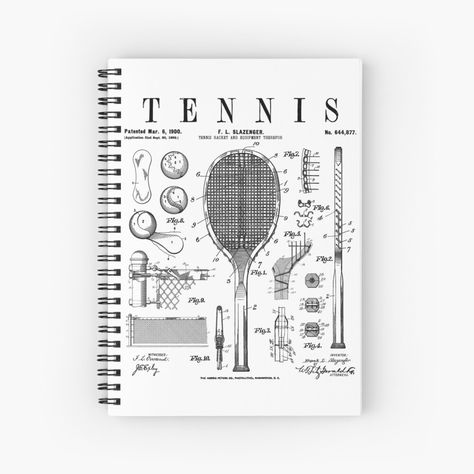 "Tennis Racket And Ball Old Vintage Patent Drawing Print" Spiral Notebook by GrandeDuc | Redbubble Tennis Racket Drawing, James Tattoo, Tennis Drawing, Squash Rackets, Funny Gift Ideas, Net Design, Patent Application, Print Journal, Patent Drawing