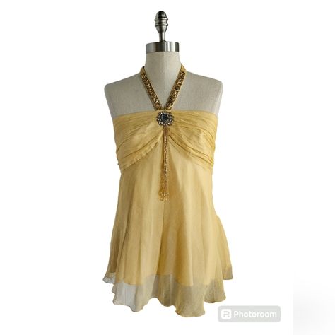 Nwt Spenser Jeremy Yellow Chiffon Jeweled Halter | Sz Large - Gorgeous! This Top Is So Elegant! A Ruched Bandeau Top With A Center Jewel Embellished With Hanging Beaded Pendants; Sequins Halter Top Adjustable With A Double Button Closure; Flowy Chiffon Fully Lined. Condition Is New With Tags - Never Worn, No Damage Measures: Pit To Pit: 16.5" Length; 17.5" Strap Drop: 10.5 (At First Button) 70s Flowy Top, Cute Yellow Outfits, Flowy Tops Outfit, Yellow Corset Top, Flowy Halter Top, Prom Dress Yellow, Yellow Halter Top, Yellow Corset, Sequin Halter Top