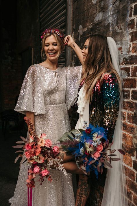 Wedding Dresses Eclectic, Silver Sequin Wedding Dress, Short Pink Wedding Dress, Sequin Wedding Dress Short, Crazy Wedding Dresses, Atum Outfits, Maximalist Wedding Dress, Queer Wedding Outfit, Funky Wedding Dress