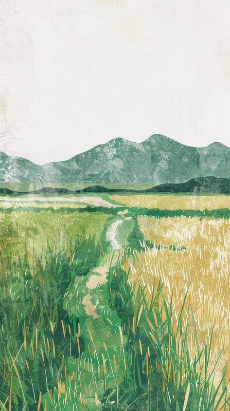 Illustration of rice field landscape grassland outdoors. | free image by rawpixel.com / Ake Rice Paddy Illustration, Green Landscape Drawing, Paddy Field Illustration, Green Ipad Background, Paddy Field Drawing, Grass Field Drawing, Rice Field Drawing, Farmland Illustration, Wetland Illustration