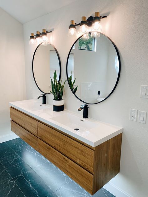 [Ad] 11 Most Popular Black Floating Vanity Bathroom Recommendations You Don't Want To Miss This Fall #blackfloatingvanitybathroom Black Floating Vanity Bathroom, Bathroom With Circle Mirror, Double Sink Bathroom Ideas Modern Floating Vanity, Round Bathroom Mirror Lighting, Double Sink Bathroom Ideas Modern, Floating Bathroom Vanity Double Sink, Black Bathroom Floors, Floating Vanity Powder Room, Bathroom Circle Mirror