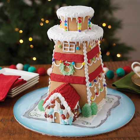 A unique nautical experience awaits family and friends this holiday season as everyone gathers together to build and decorate a gingerbread lighthouse!  Seaside decorating touches like a colorful presentation board and candy rocks make this gingerbread decorating kit the most fun! Gingerbread Lighthouse, Best Gingerbread House, Gingerbread Cookie Mix, Cardboard Gingerbread House, Cool Gingerbread Houses, Gingerbread House Parties, House Kits, Gingerbread House Kits, Baking Decorating