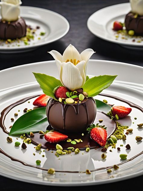 Creative Desserts Presentation, Fancy Dessert Plating Presentation, Chocolate Fine Dining Dessert, Deconstructed Desserts, Contemporary Dessert Plating, Desserts Art, Chocolate Mousse Plated Dessert, Stuffed Apples, Tea Party Sandwiches