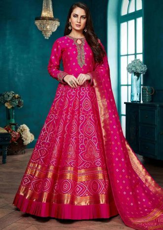 Magenta Anarkali, Navy Blue Anarkali, Long Kurta Designs, Bandhani Pattern, Patola Design, Cotton Night Dress, Blue Anarkali, Western Dresses For Women, Long Frock Designs