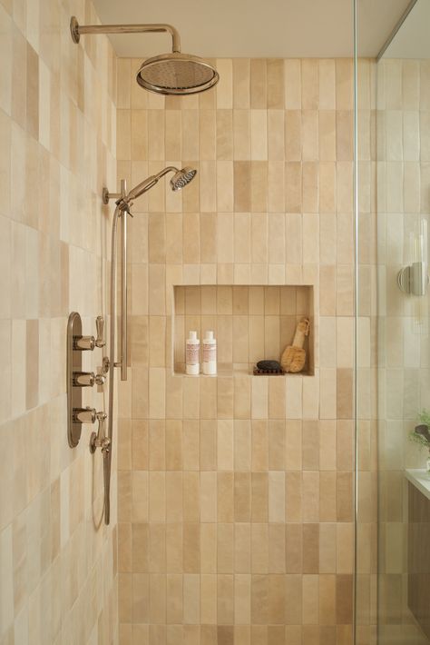 Warm, cozy beige zellige tile bathroom Bathroom Shower Tile Ideas Cream, Neutral Rustic Bathroom, Beige Sink Bathroom Ideas, Beige Zellige Tile, Bathroom Tile Cream, Beige Zellige Bathroom, Creme Bathroom Ideas, Beige Tiled Bathrooms, Shower Tile Ideas Beige