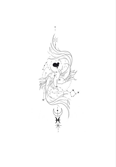 Koi Fish Constellation Tattoo, Pisces Fish Tattoo Designs, Pisces Design Tattoo, Aesthetic Koi Fish Tattoo, Pices Tattoo Fish, Pisces Tattoo Outline, Gemini Fish Tattoo, Pisces Patchwork Tattoo, Pisces Tattoo Forearm