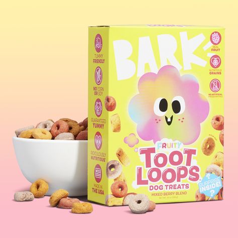 Bark Announces Snack Pack With Packaging Inspired by Breakfast Cereal | Dieline - Design, Branding & Packaging Inspiration Cereal Logos, Mascot Branding, Cereal Mascots, Kids Package Design, Cereals Packaging Design, Crunchy Dog Treats, Japanese Food Packaging, Cereal Packaging, Kids Packaging