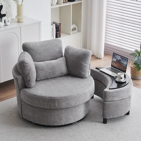 DEKKETO Swivel Cuddle Sofa Chair With Footstool Set, Chenille Single Tub Chair With Four Pillow, Snuggle Barrel Chair With Thick Cushion For Adults, Accent Round Armchairs For Living Room, Light Grey Pillow Snuggle, Cuddle Sofa, Library Rooms, Home Library Rooms, Cuddle Chair, Glam Living Room Decor, Snuggle Chairs, Living Room Light, Glam Living