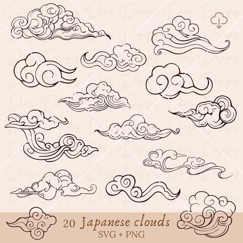 Swirly Clouds Drawing, Japanese Cloud Painting, Japanese Cloud Design, Japanese Clouds Design, Manga Clouds, Japanese Cloud Art, Japanese Style Clouds, Paper Cut Out Design, Spiral Clouds