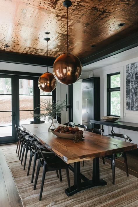 Textured Ceiling Ideas, Textured Ceiling, Craftsman Dining Room, Reclaimed Wood Ceiling, Wood Plank Ceiling, Dark Ceiling, Barrel Ceiling, Plank Ceiling, Ceiling Texture