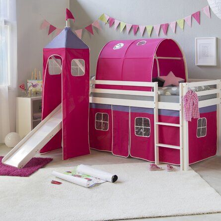 Cabin Bed With Slide, Kids Bed With Slide, Castle Ideas, Mid Sleeper, Mid Sleeper Bed, Solid Wood Bed Frame, High Beds, Cabin Bed, Pink Curtains