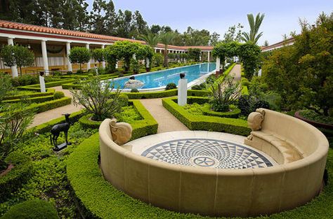 Maybe here or the other one Circular Seating, Roman Design, Courtyard Pool, Paver Designs, California Engagement Photos, Getty Villa, Photo Shoot Location, Mosaic Floor, Pool Construction