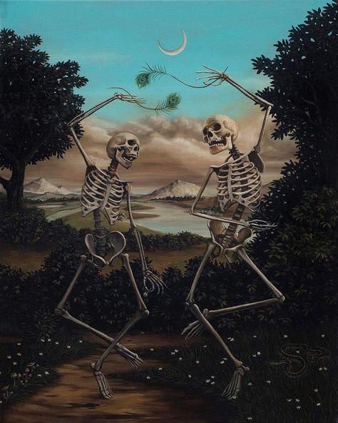 Dancing In The Night, Skeletons Dancing, Astronomy Art, Macabre Art, Skeleton Art, Unusual Art, Magical Art, Fantasy Paintings, Beautiful Dark Art