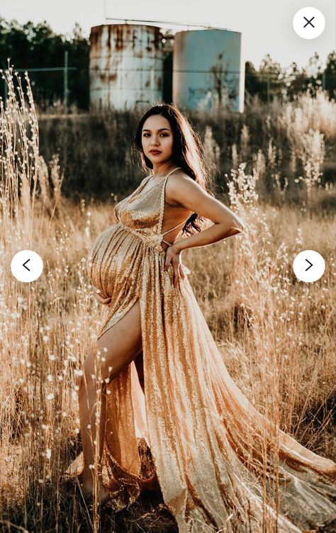 Warrior Maternity Shoot, Gold Dress Maternity Photos, Maternity Studio Photoshoot, Pregnant Dress, Studio Maternity Photos, Maternity Photography Poses Outdoors, Maternity Photography Poses Pregnancy Pics, Maternity Photography Outdoors, Couple Pregnancy Photoshoot