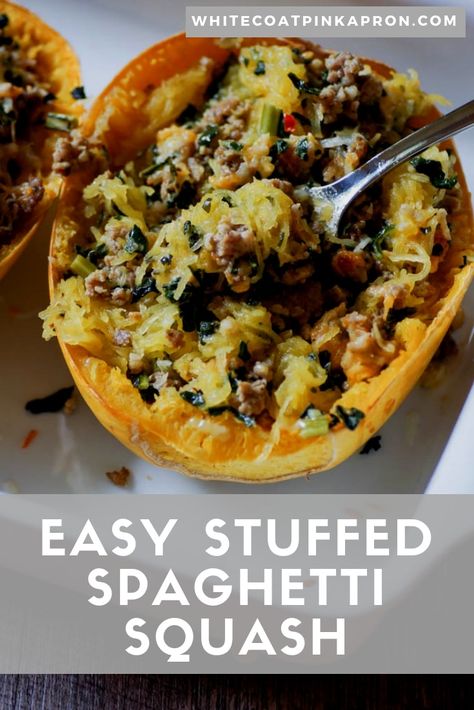 Easy Stuffed Spaghetti Squash is a hearty, 5-ingredient, make ahead meal. With some prep the night before, you can have this crowd pleaser on the table in just 20 minutes! Spaghetti Squash With Sausage, Squash With Sausage, Sausage And Spaghetti Squash, Stuffed Spaghetti Squash, Vegetarian Recepies, Recipe Inspirations, Sausage Kale, Gluten Free Italian, Nutrition Certification