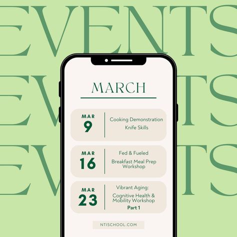 Take a look at our upcoming events! 👀 So many events on the schedule to participate in - ranging from hands on cooking classes, to live stream or in person nutrition lectures, and business focused ones as well! 🤩 Don't miss your chance! Check out our events page to learn more and sign up for the ones that interest you! 📅 Click the link in our bio to sign up! #holisticnutritionschool #nutritionschool #nutritiontips #holistichealth #virtualevents #holistic #optimalhealth #ntischool #nutrition... Upcoming Events Instagram Post, Upcoming Events Design, Coaching Branding, Wellness Event, Sign Up Page, Squarespace Website Design, Pr Agency, Event Poster Design, Website Template Design