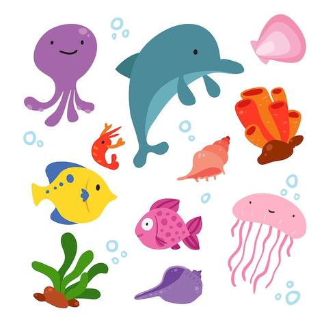 Premium Vector | Cute colorful sea creatures collection underwater animals flat vector cartoon design Colorful Sea Creatures, Beach Illustration, Underwater Animals, Vector Cartoon, Flat Vector, Digital Stickers, Sealife, Sea Animals, Quiet Book