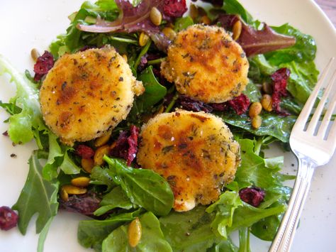 A bed of arugula topped with baked goat cheese. #arugula Warm Goat Cheese Salad, Cheese Salad Recipes, Cranberry Baking, Fried Goat Cheese, Baked Goat Cheese, Goat Cheese Recipes, Cooks Illustrated, Goat Cheese Salad, Cheese Salad