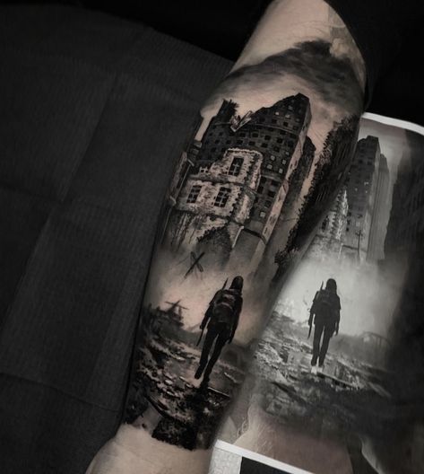 Post Apocalyptic Tattoo, Apocalypse Tattoo, Apocalypse Landscape, Wolf Tattoos Men, Apocalypse Aesthetic, Tattoos Men, Landscape Tattoo, Greek Tattoos, Tattoo Arm