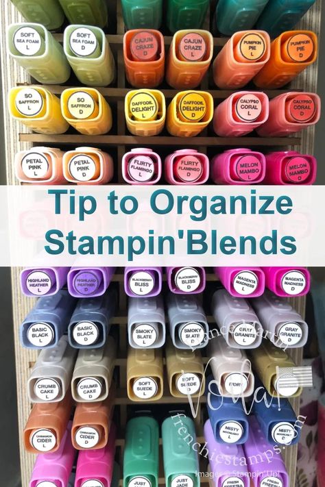 Tip To Organize Stampin\' Blends with Labels. #StampinUp #StampinBlens #alcoholmarkers #organize #frenchiestamps Stamp Organization, Labeling Ideas, Stampin Up Markers, Blending Markers, Craft Paper Storage, Card Making Tools, Stampin Blends, Craft Storage Organization, Organizational Ideas