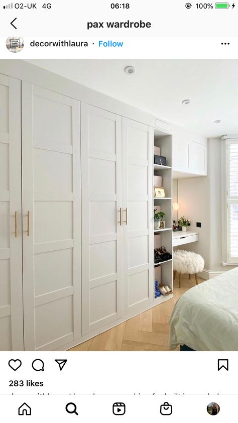 Wardrobe Doors Ikea, Built On Wardrobe, Wardrobe Built In Desk, Wardrobe With Built In Desk, Built In Wardrobe Desk Ideas, Built In Desk Storage, Built Wardrobe Ideas, Built In Wardrobe Design Bedroom, Pax Wardrobe Desk