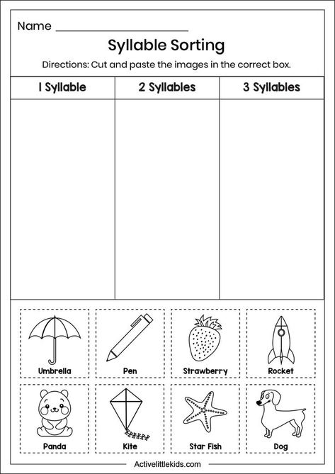 Preschool Syllables Activities Free, Syllables For Kindergarten, Syllable Worksheets Kindergarten Free, Syllables Worksheets For Kindergarten, Syllables Activities Preschool, Syllabication Worksheets, Tk Worksheets, Language Arts Kindergarten, Pk Activities