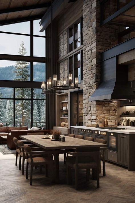 Mountain Home Dining Room, Modern Kitchen Open Concept, Modern Mountain Interior, Mountain Modern Kitchen, Cabin Dining Room, Mediterranean Kitchen Design, Mountain Home Interiors, Modern Ranch House, Kitchen Bar Design