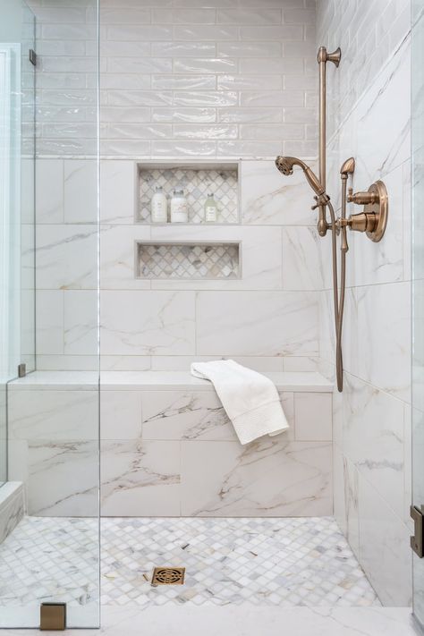 Greer Bath Remodel — Interior Designer Greenville SC | Allison Smith Interiors Master Shower Tile, Condo Bathroom, White Marble Bathrooms, Full Bathroom Remodel, Bathroom Shower Walls, Bathroom Gallery, Bathroom Redesign, Master Bath Remodel, Shower Niche