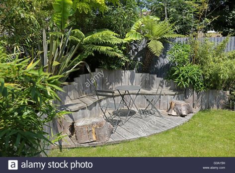 Decked seating area in a secluded London back garden featuring large Stock Photo: 105326637 - Alamy Garden With Decking, Secluded Garden, Garden Seating Area, Ferns Garden, Tree Fern, Evergreen Plants, Garden Seating, Back Gardens, Perfect Garden