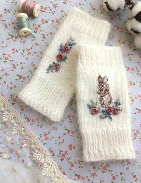 White Mittens, Cottagecore Crafts, Hand Knit Mittens, Knitted Mittens, Crochet Fingerless Gloves, Angora Rabbit, Embroidery Cotton, Handmade Textiles, Sewing Embroidery Designs