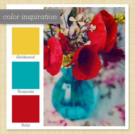 goldenrod / turquoise / ruby Red Color Schemes, Red Colour Palette, Yellow Bedroom, Yellow Turquoise, Salou, Red And Teal, Red Turquoise, Decoration Inspiration, Play Kitchen