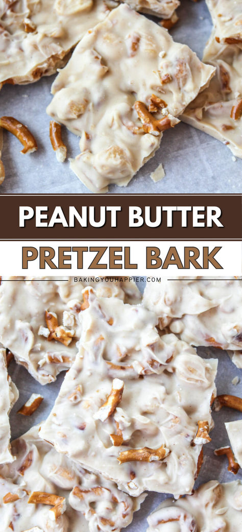 Peanut Butter Pretzel Bark, Peanut Butter And White Chocolate, Bark Recipes Easy, Pretzel Bark, Bark Recipes, Chocolate Bark Recipe, International Desserts, Crunchy Peanut Butter, Peanut Butter Pretzel