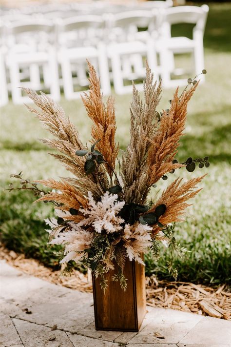 Wedding Centerpieces Boho Rustic, Outdoor Ceremony Decorations Fall, Isle Decorations Wedding Outdoor Rustic, Fall Boho Wedding Aisle Decor, Boho Wedding Cross Decor, Cattail Wedding Decor, Centerpieces Wedding Country, Boho Rustic Flower Arrangements, Outdoor Wedding Ceremony Decorations Diy