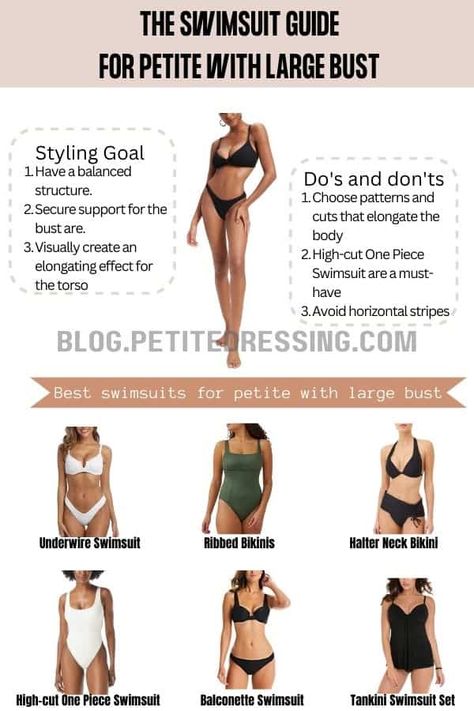 Best Bikinis For Petite Women, Bikinis For Big Bust, Minimize Big Bust Outfit, Swimsuit For Large Bust, Swimsuit For Big Busts Bikinis, Bathing Suits For Petite Women, Petite With Large Bust Outfits, Best Necklines For Large Bust, Bathing Suit For Big Bust