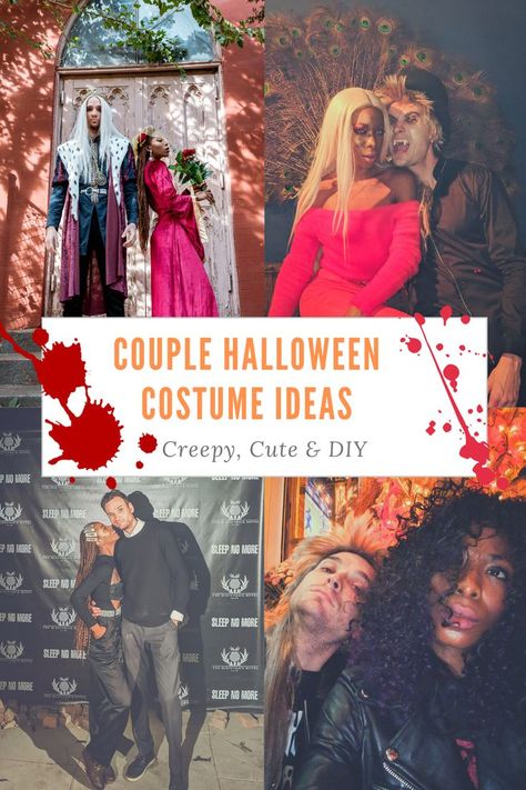 If you are still looking for couple Halloween costume ideas, this post is for you. Over the years, we’ve tried everything from creepy ghosts & bloodthirsty vampires to Hitchcock-inspired outfits and royalty. Some of our Halloween looks came from Halloween stores, but most of them were DIY. So if you are looking to match with your partner this Halloween, read on to see 4 Couple Halloween Costume Ideas to try this year | #Halloween #CoupleHalloweenCostumes #CoupleCostumes | opalbyopal.com Vampire Halloween Couple Costume, Creepy Halloween Couple Costumes, Couples Vampire Costumes Diy, Vampire And Victim Costume Couple, Couples Scary Costumes, Couples Scary Halloween Costume, Couple Halloween Costumes Vampire, Cleaver Halloween Costumes, Vampire Couples Costumes