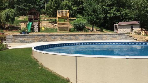 Radiant 24' Semi-inground Round built into a hill Semi Above Ground Pool, Radiant Pools, Oval Above Ground Pools, Pool Makeover, Portable Swimming Pools, Above Ground Pool Liners, Best Above Ground Pool, Outside Pool, Swimming Pools Inground